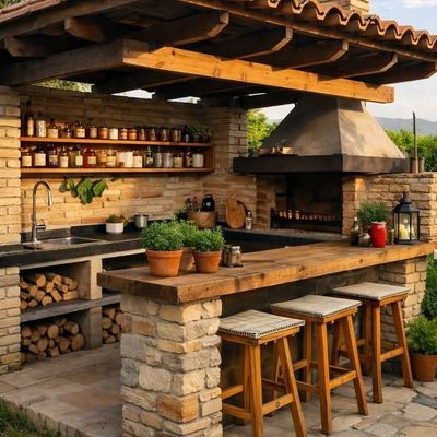 Outdoor Kitchen with Stone Bar and BBQ
