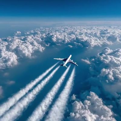 Airplane flying high above clouds