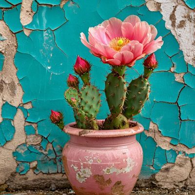 Cactus Bloom Against Peeling Wall