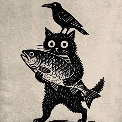 Black Cat Carrying Fish with Raven