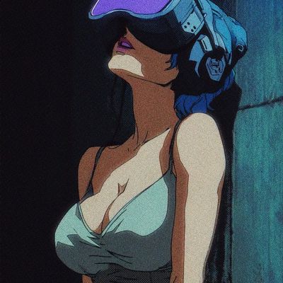 Futuristic Female in Purple Cap futuristic female purple cap high-tech headset teal wall