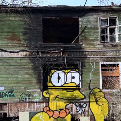 Graffiti Simpson Smoking graffiti homer simpson decayed building smoking street art