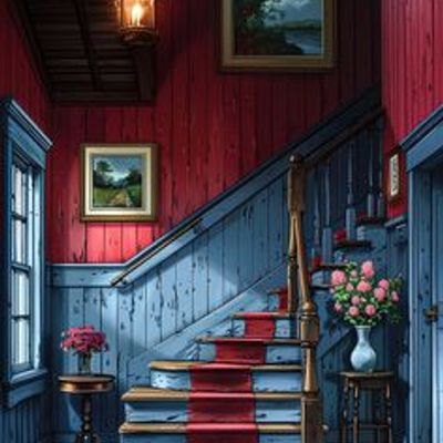 Vintage Staircase with Red and Blue Accents vintage staircase red blue floral