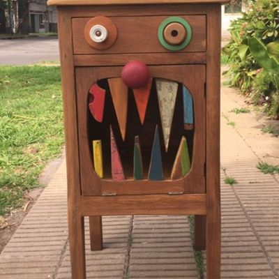 Colorful Wooden Cabinet with Abstract Artwork