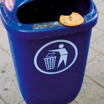 Blue Trash Can with Cookie