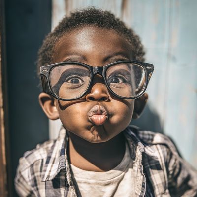 Curious Kid with Glasses child curiosity playful oversized glasses rustic background