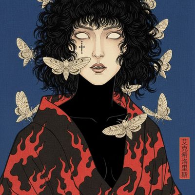 Curly Haired Woman with Moths