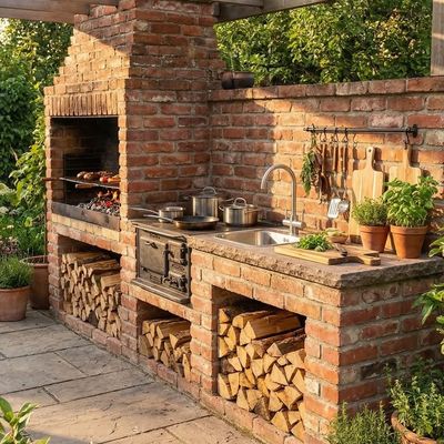 Outdoor Brick Kitchen with Firewood Storage