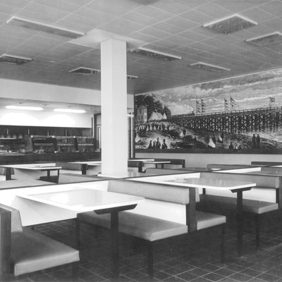 Severn Bridge Services, Aust, 1980s cafeteria retro mural historical simple