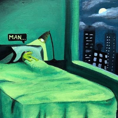 Frog in Bed frog bed window cityscape moon
