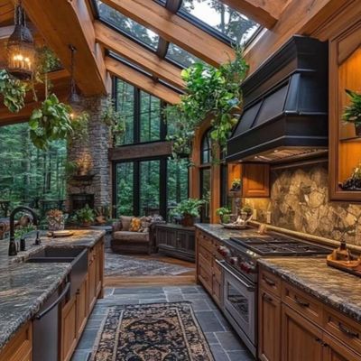 Cozy Rustic Kitchen with Panoramic Windows