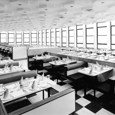 Severn Bridge Services, Aust, Modernist Restaurant Interior restaurant modernist interior design checkered floor long tables