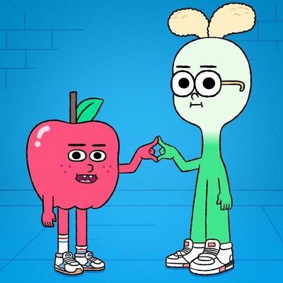 Cartoon Character Pointing at Apple