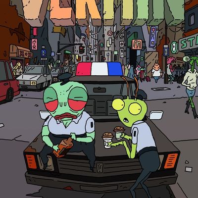 Aliens in Police Car aliens police car coffee urban cityscape