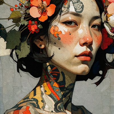 Tattooed Woman with Floral Headpiece