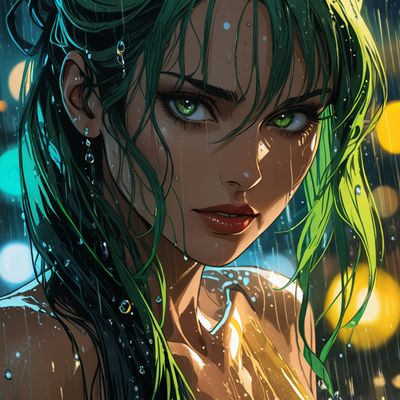 Rain-soaked Green Haired Woman