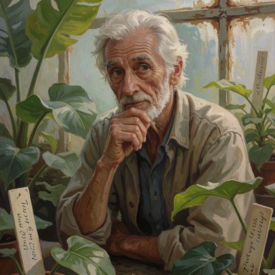 Man in Greenhouse elderly greenhouse plants contemplation handwritten labels