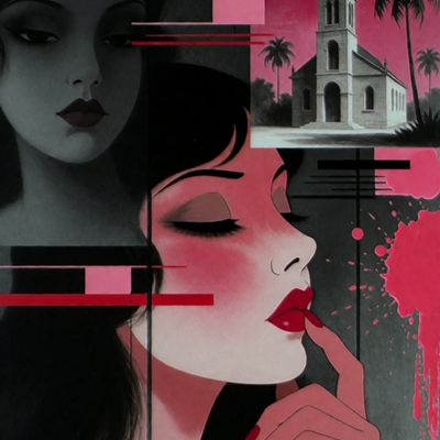 Abstract Artwork with Woman and Church