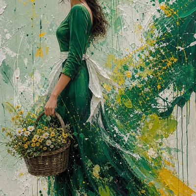 Green Fairy with Basket of Flowers