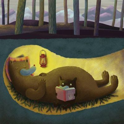Bear Reading in the Woods bear reading lantern forest blanket