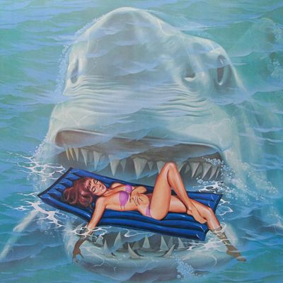 Woman on Inflatable Mattress Surrounded by Shark