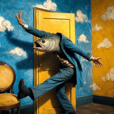 Fish Man Escapes surrealism fish man escape door