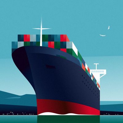 Cargo Ship Illustration cargo ship containers illustration blue sky birds