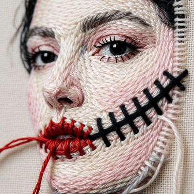 Embroidered Face with Stitched Mouth embroidery portrait stitch mouth surreal