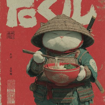 Cat Samurai Eating Ramen