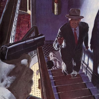 Man with gun descends stairs