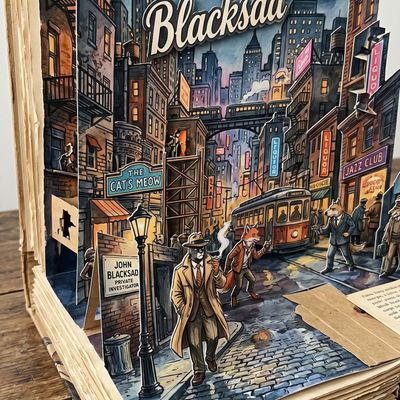 Blacksad Popup Book from the game Blacksad paint canvas oil streetart cyberpunk