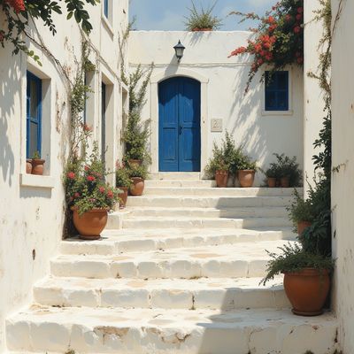 Whitewashed Steps traditional architecture white blue plants