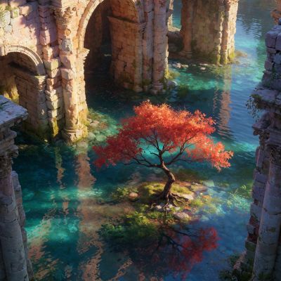 Ancient Ruins and Autumn Tree