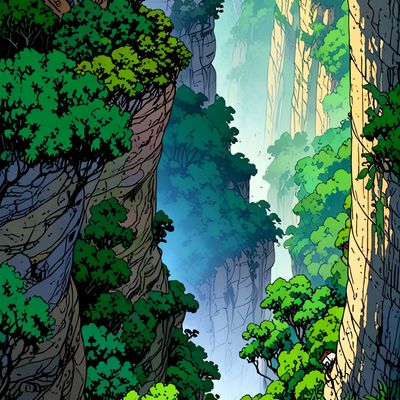 Jungle Cliffside landscape painting traditional art colorful greenery