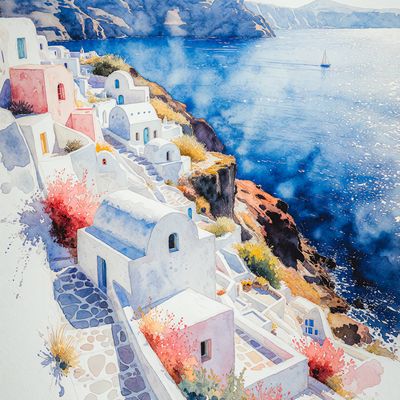 Santorini Dreamscape traditional art paint watercolour landscape aesthetic