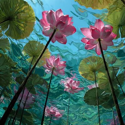 Lotus Pond painting watercolor nature flowers pond