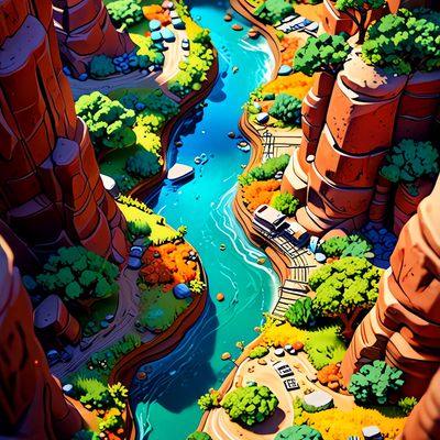 River Valley Adventure landscape painting colorful river mountains