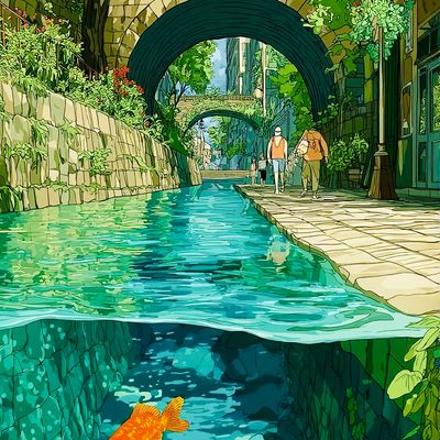 Aquatic Pathway paint traditional art watercolor landscape figure
