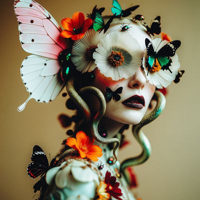 Enchanted Serpent woman surrealism colorful butterflies snakes