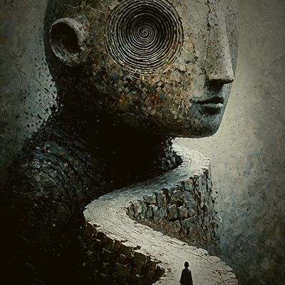 Sculptural Journey sculpture figure pathway textured monochrome