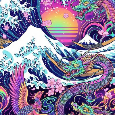 Psychedelic Dragon Wave traditional art painting colorful dragon wave